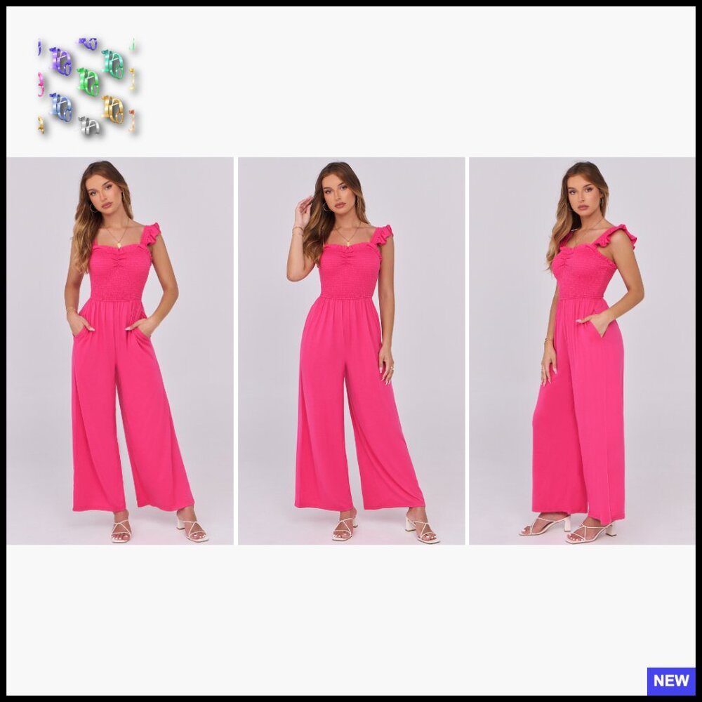 Sleeveless Smocked Jumpsuit Wide Leg Romper Casual Summer Vacation Outfit with - Picture 7 of 7